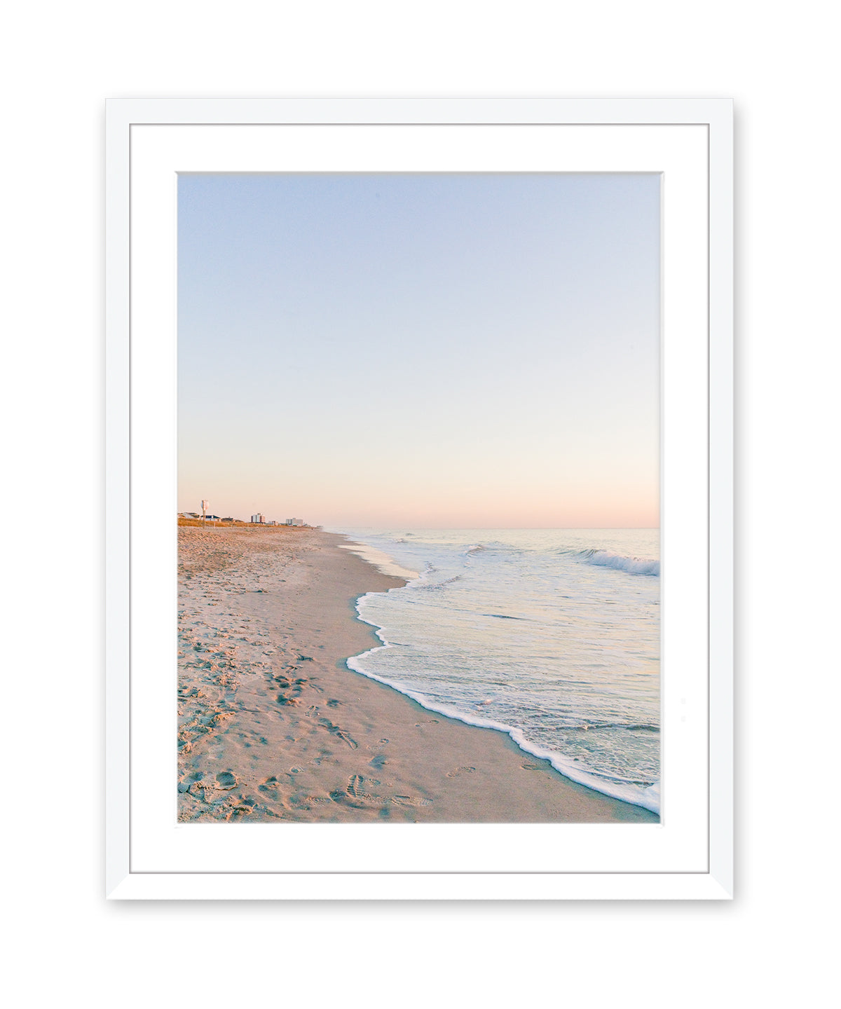 Pastel Blue Sunrise Wrightsville Beach Photograph, White Wood Frame By Wright and Roam