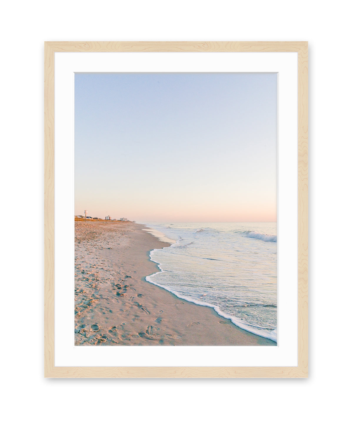 Pastel Blue Sunrise Wrightsville Beach Photograph, Natural Wood Frame By Wright and Roam