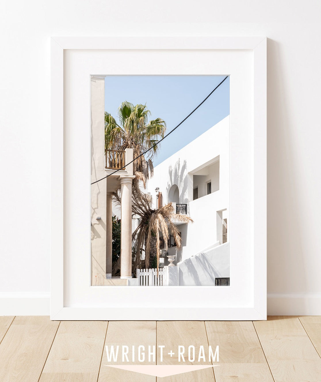 tropical travel art print. Santorini, greece photograph, white frame