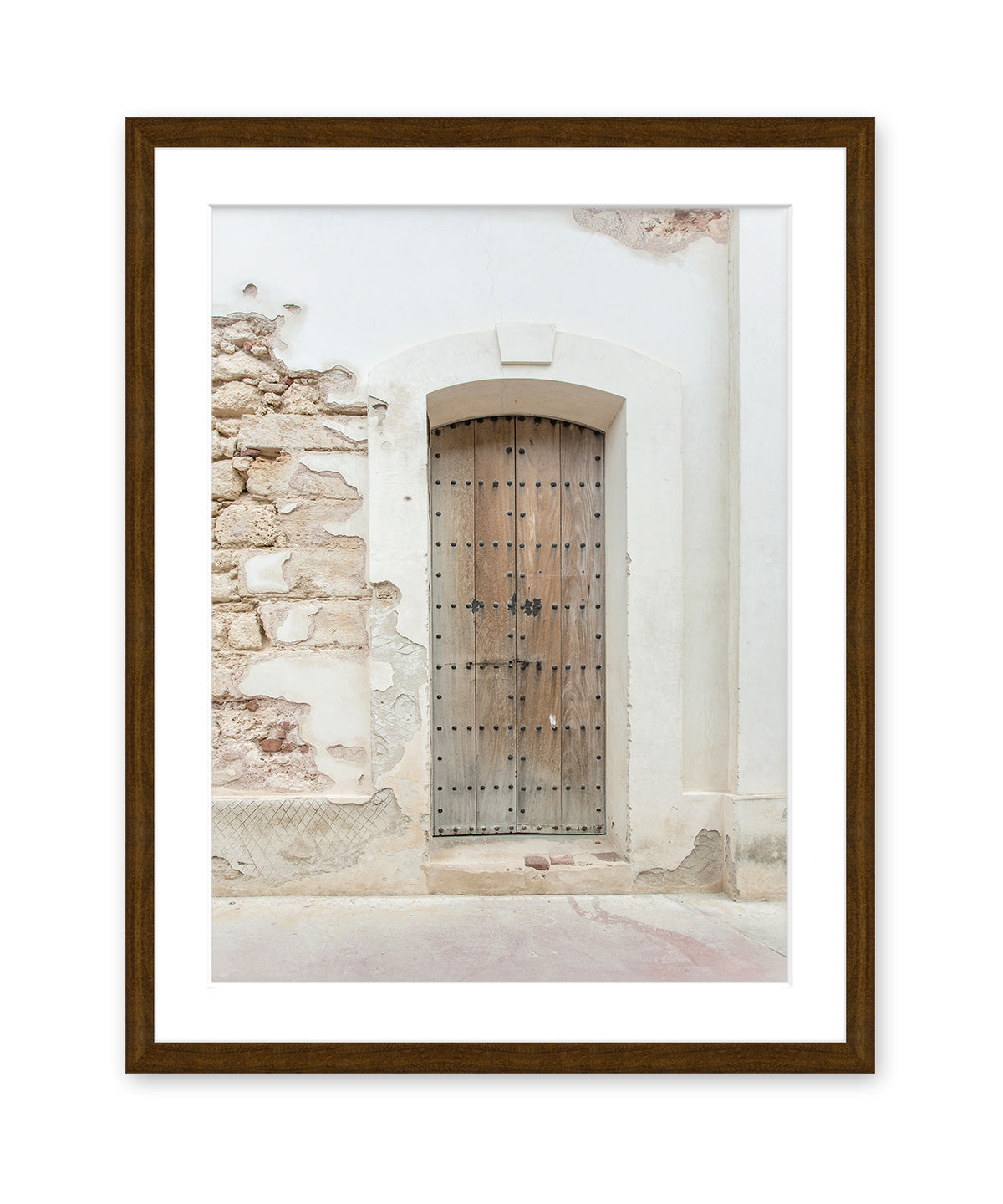 Neutral Minimal Art, pastel travel photograph featuring a scene in Old San Juan Puerto Rico, Dark Wood Frame