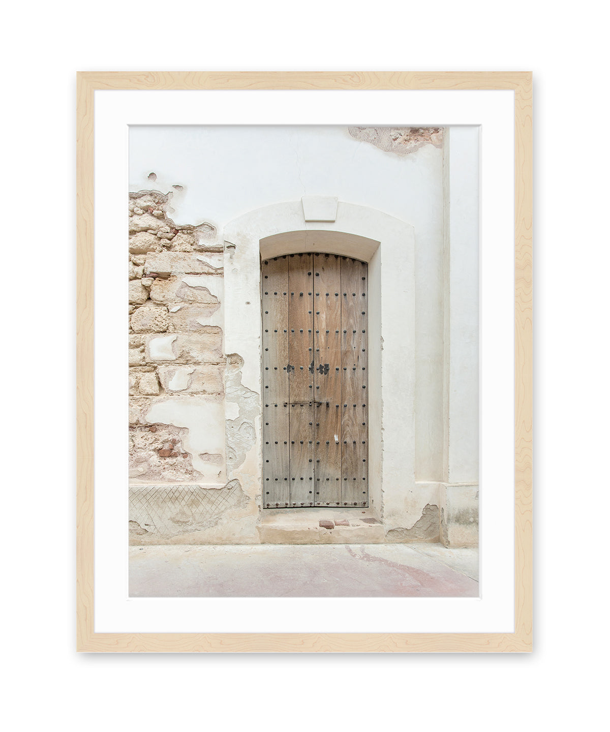 Neutral Minimal Art, pastel travel photograph featuring a scene in Old San Juan Puerto Rico, Natural Wood Frame