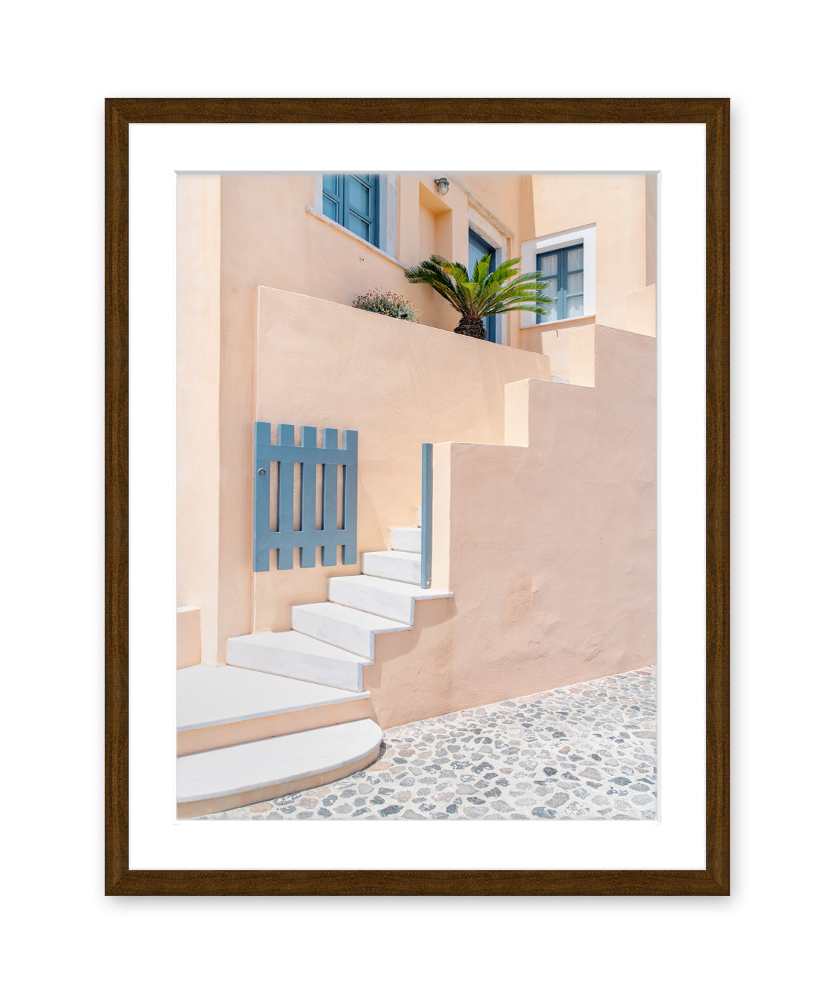 pastel architecture, santorini greece art, dark wood frame