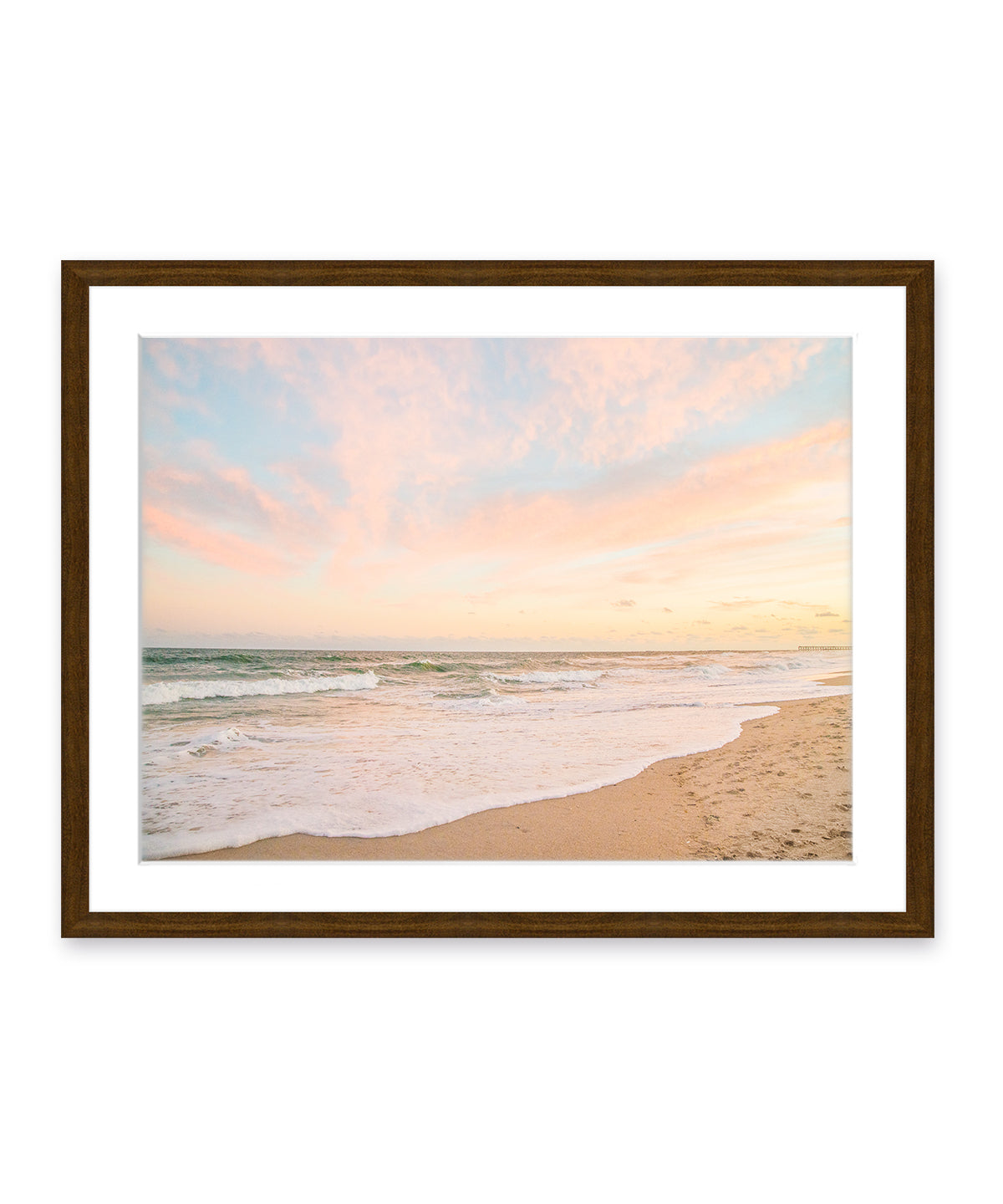 Pastel Warm Sunset on Wrightsville Beach Photograph with Dark Wood Frame by Wright and Roam