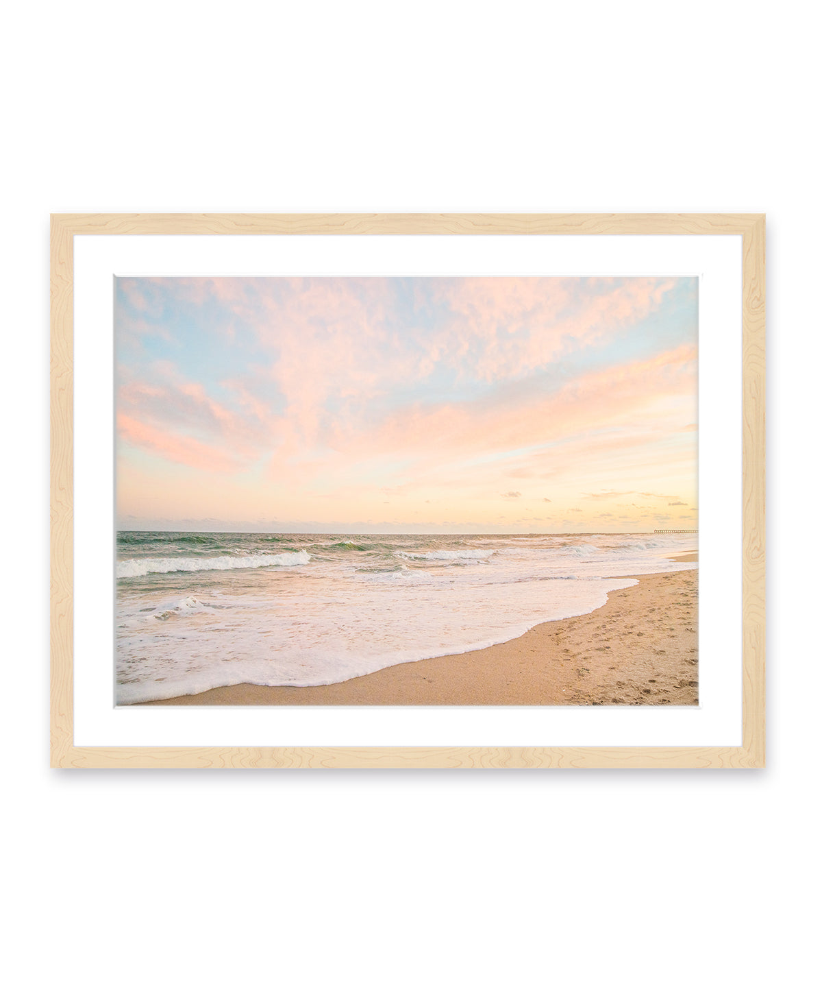 Pastel Warm Sunset on Wrightsville Beach Photograph with Natural Wood Frame by Wright and Roam