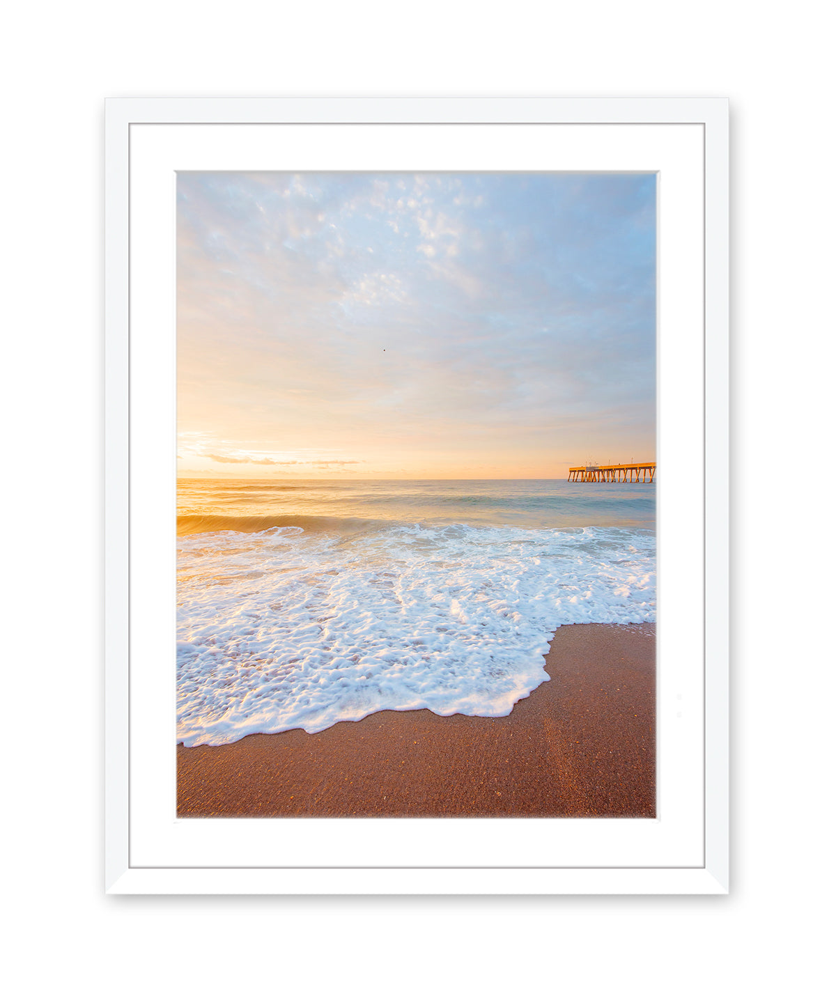 Blue Pastel Sunrise Wrightsville Beach Photograph, White Wood Frame by Wright and Roam