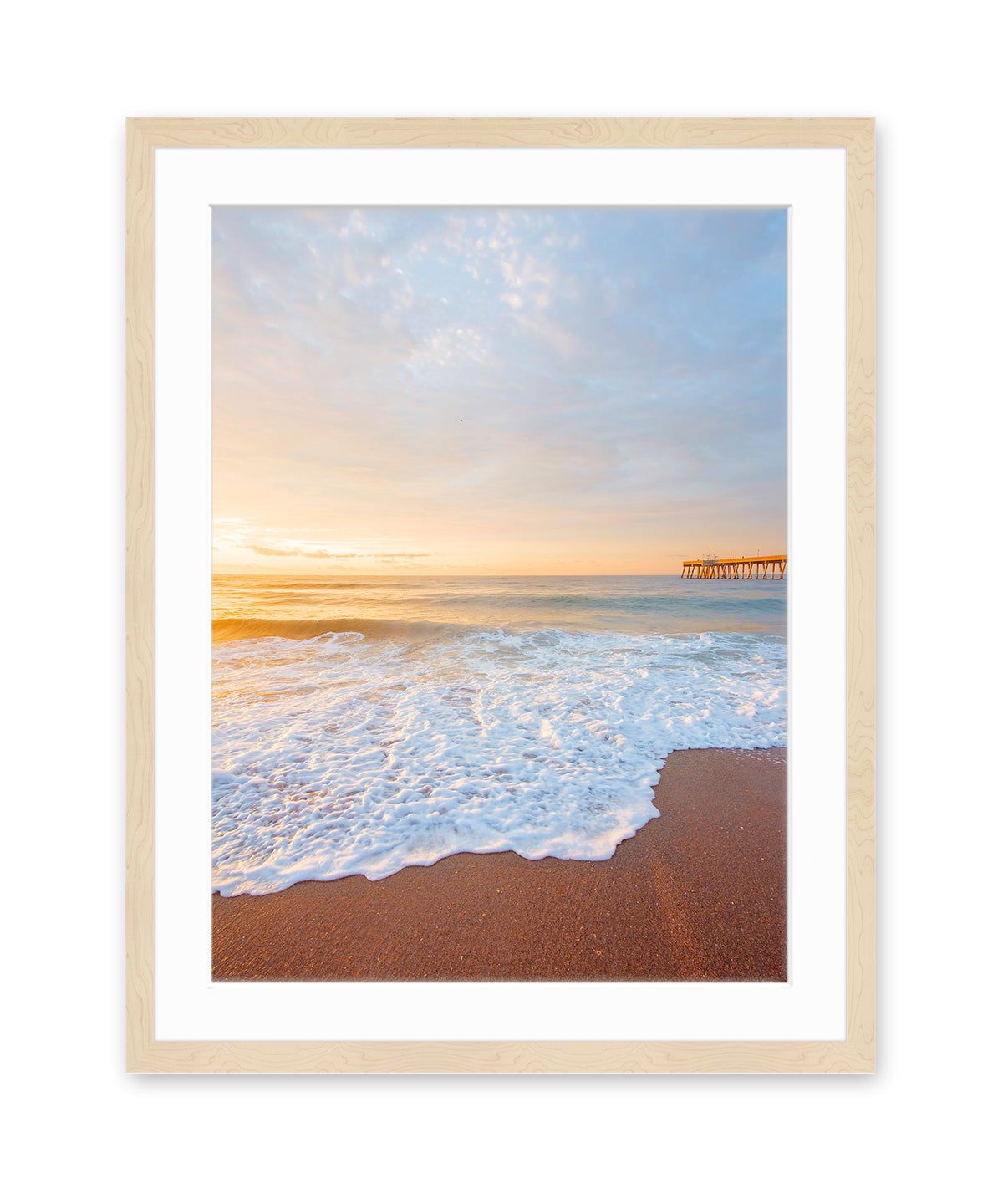 Blue Pastel Sunrise Wrightsville Beach Photograph, Natural Wood Frame by Wright and Roam