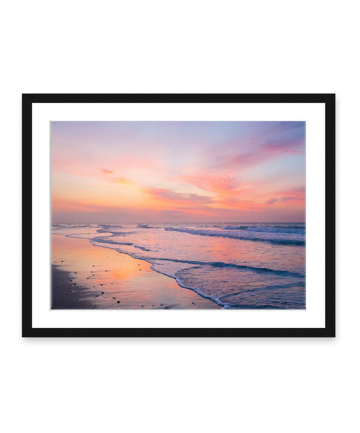 colorful pink and purple sunrise Wrightsville beach photograph, black frame by Wright and Roam