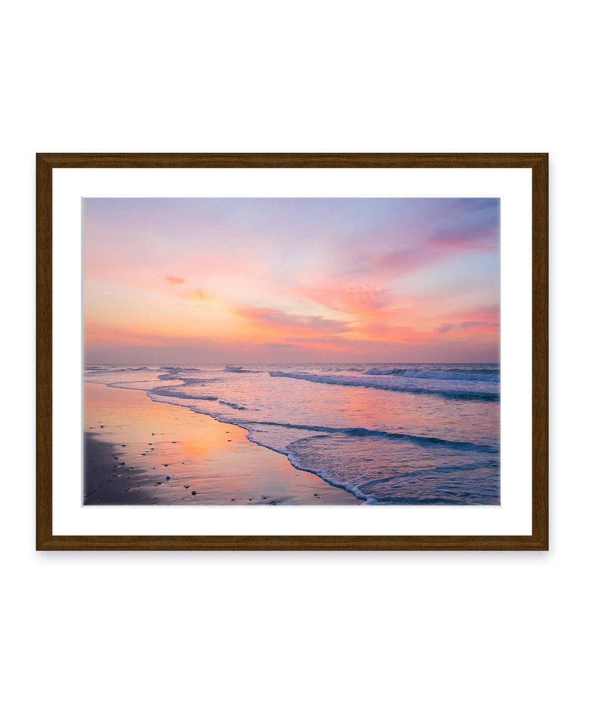 colorful pink and purple sunrise Wrightsville beach photograph, dark wood frame by Wright and Roam