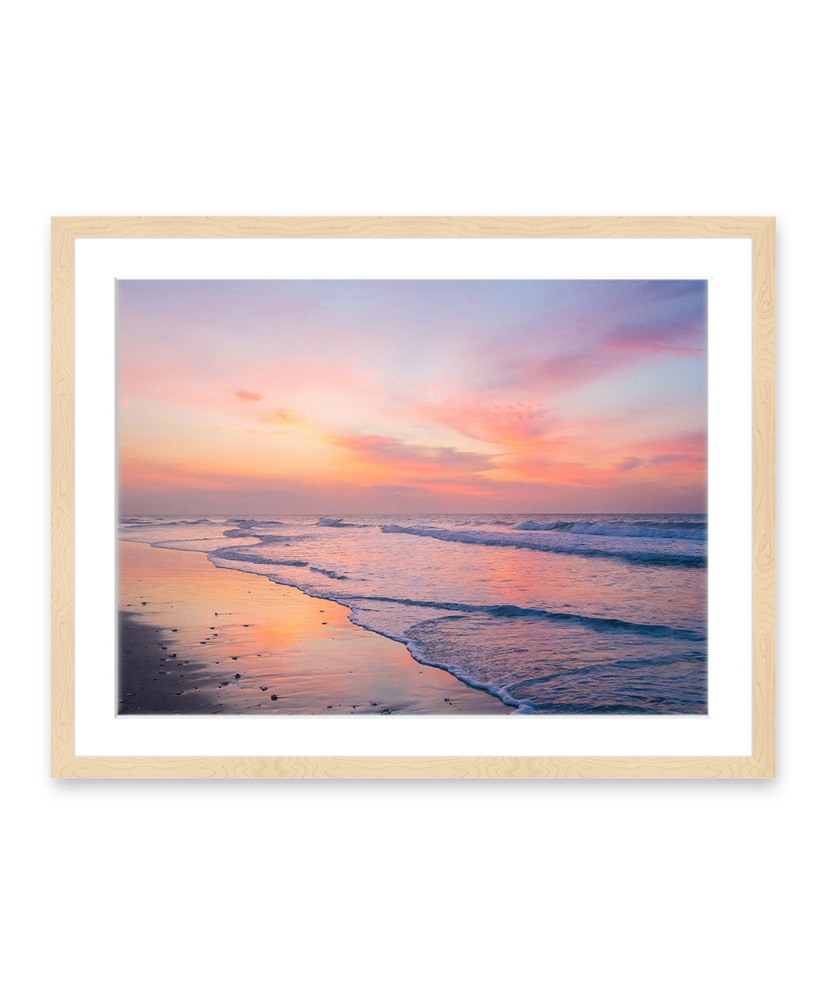 colorful pink and purple sunrise Wrightsville beach photograph, wood frame by Wright and Roam