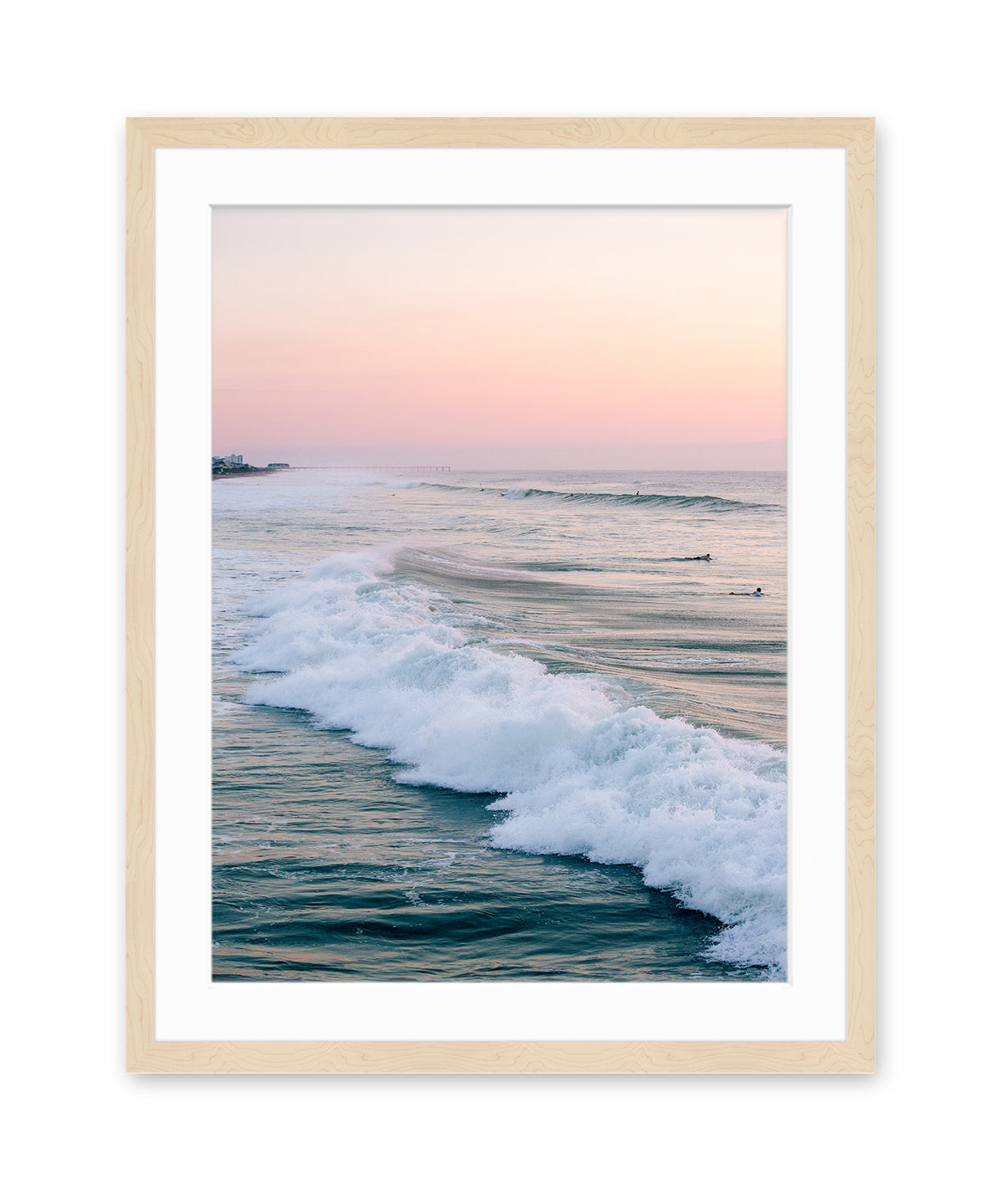 beach photograph pink sunrise, wood frame
