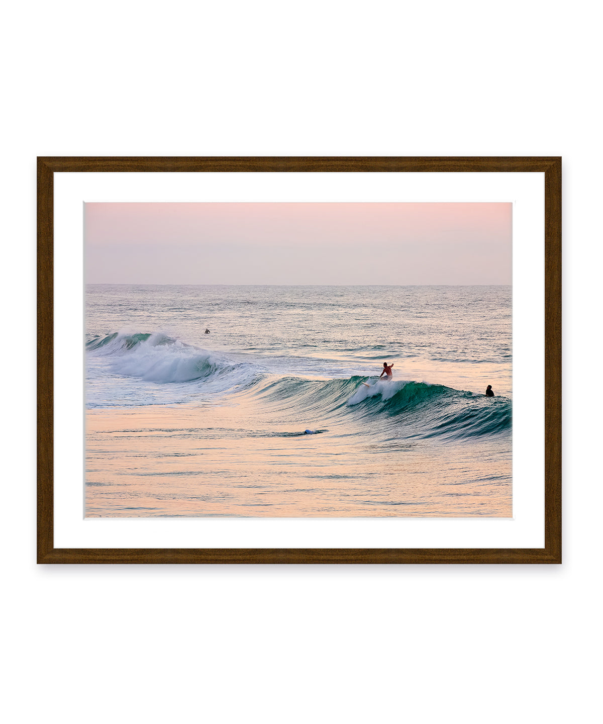 pink sunrise surfing wrightsville beach dark wood frame