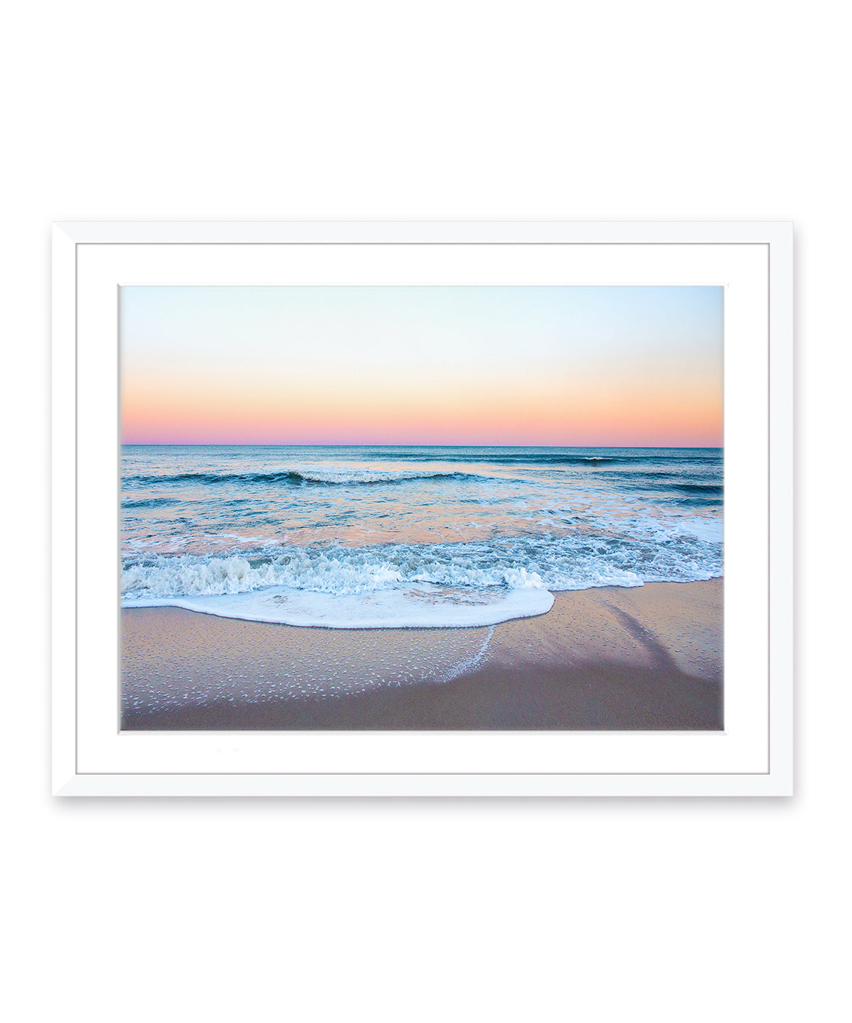 blue rainbow sunset beach photograph, white wood frame, by Wright and Roam