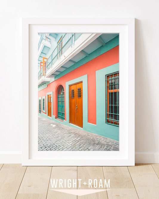 colorful architecture print, blue and red buildings in Old San Juan, Puerto Rico