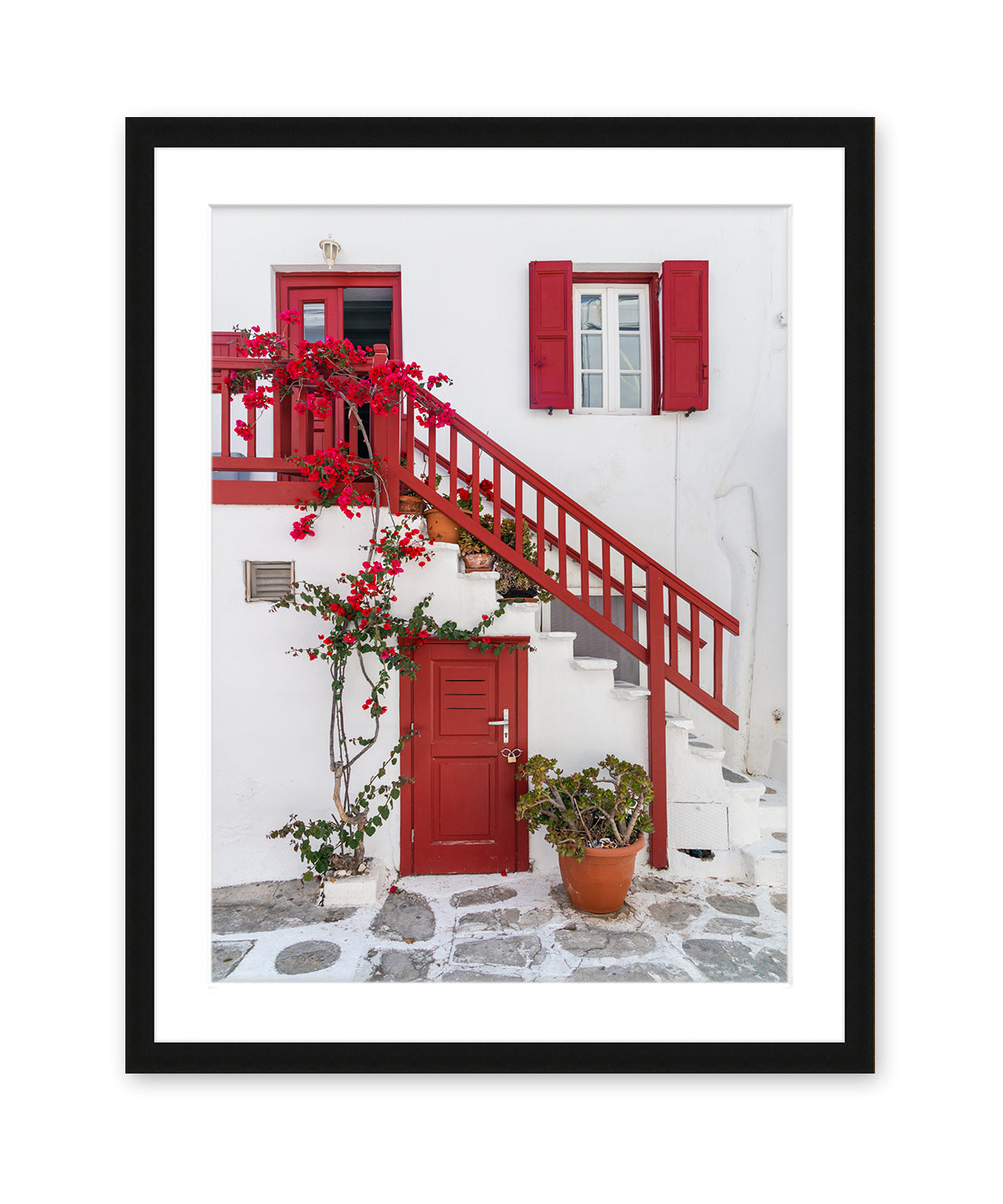 red door, mykonos architecture print. Greek islands fine art photograph, black frame