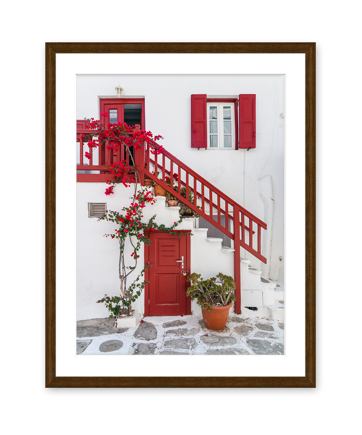 red door, mykonos architecture print. Greek islands fine art photograph, brown frame