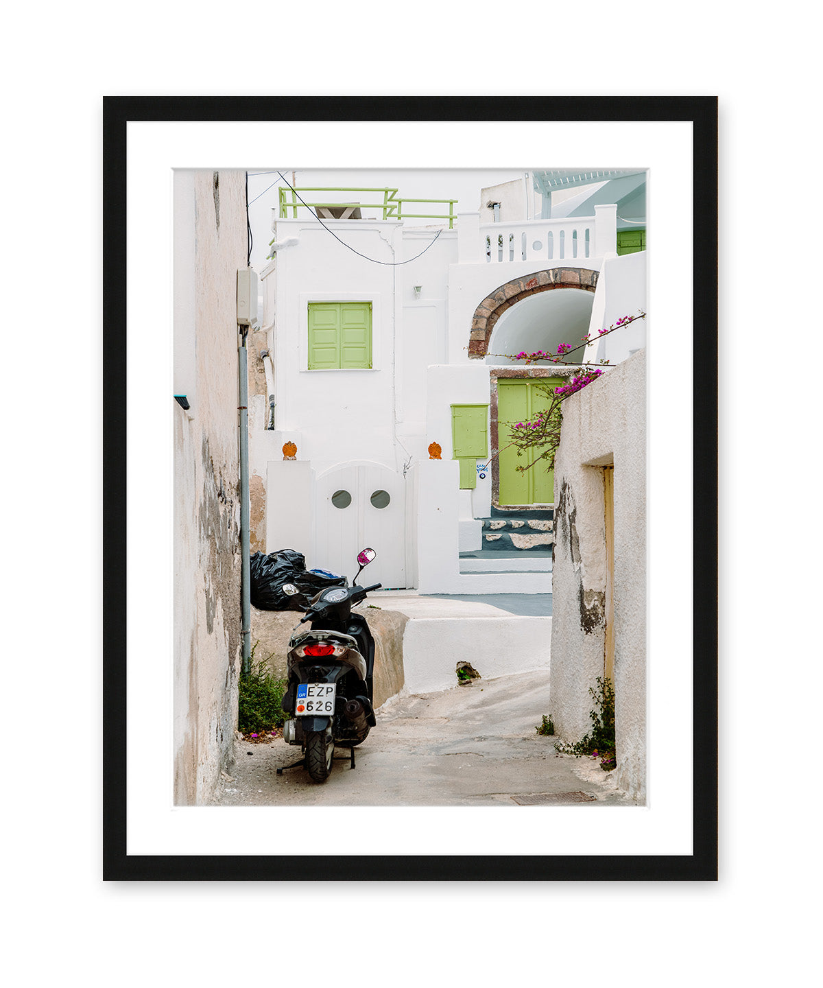 white buildings moped santorini, greece travel print black frame