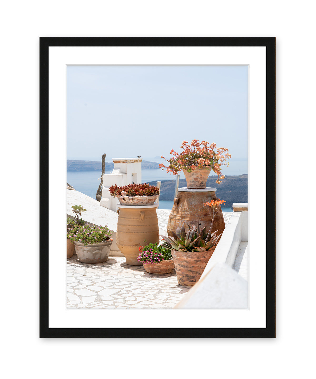 Santorini, greece art. Greek islands tropical art print. black frame