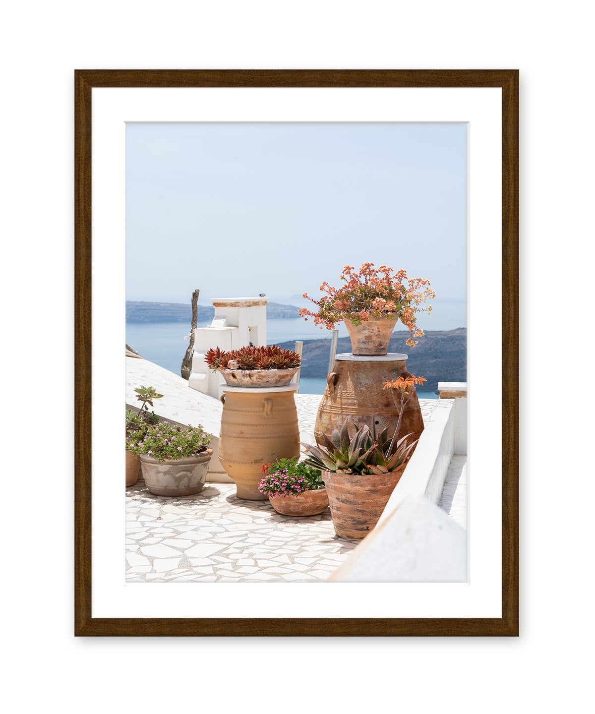 Santorini, greece art. Greek islands tropical art print. dark wood frame
