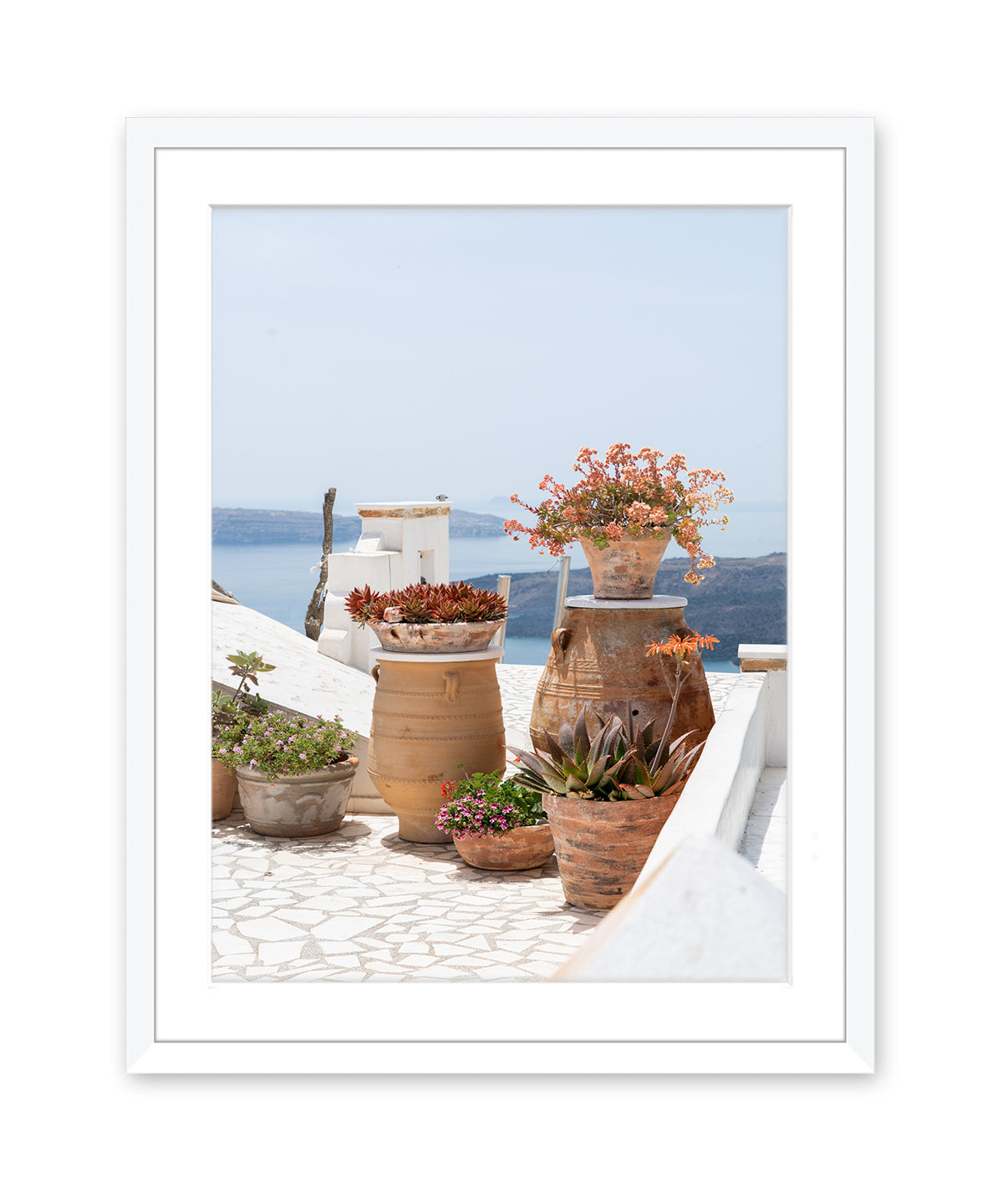 Santorini, greece art. Greek islands tropical art print. white frame