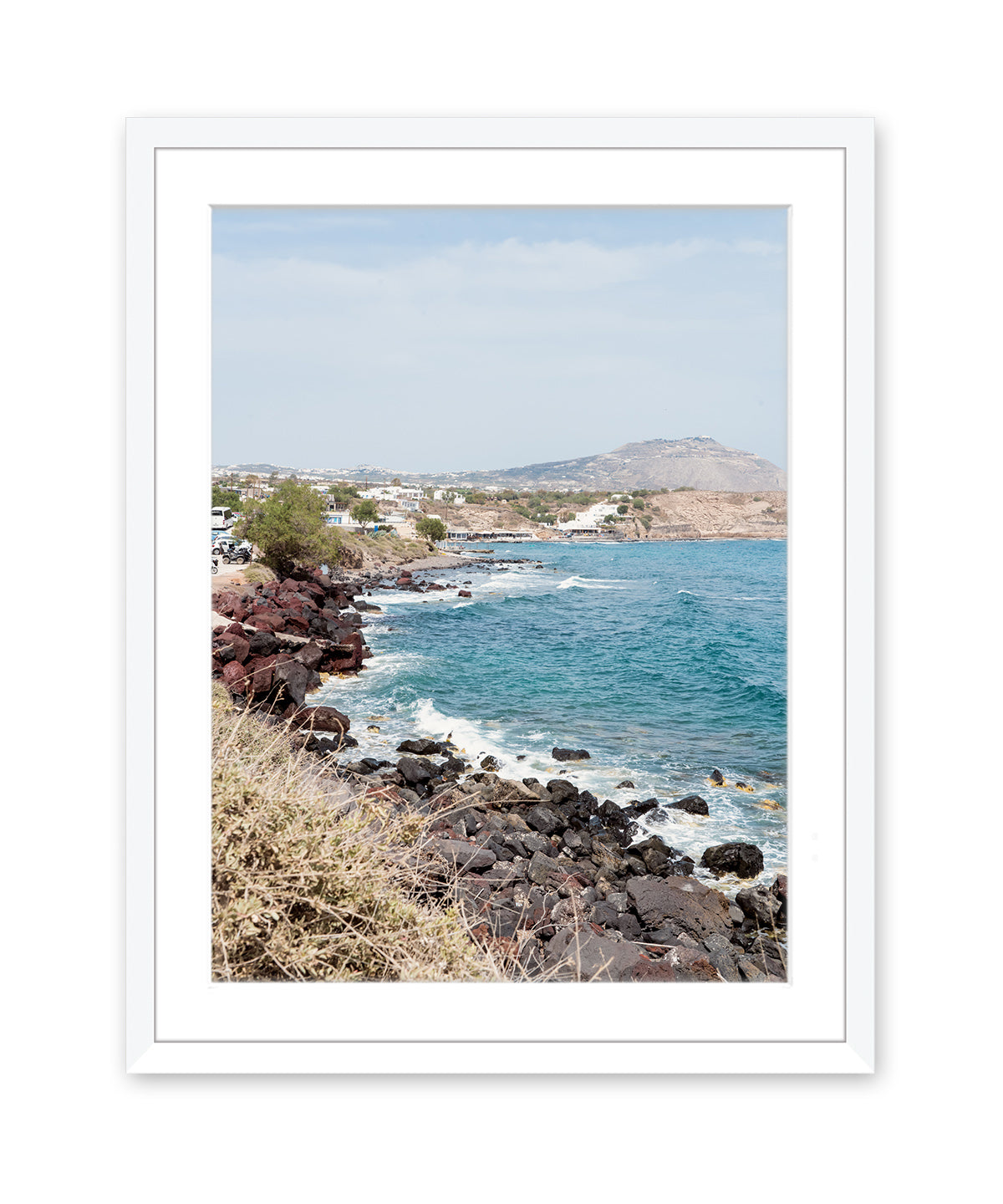 santorini, greek islands landscape art, white frame