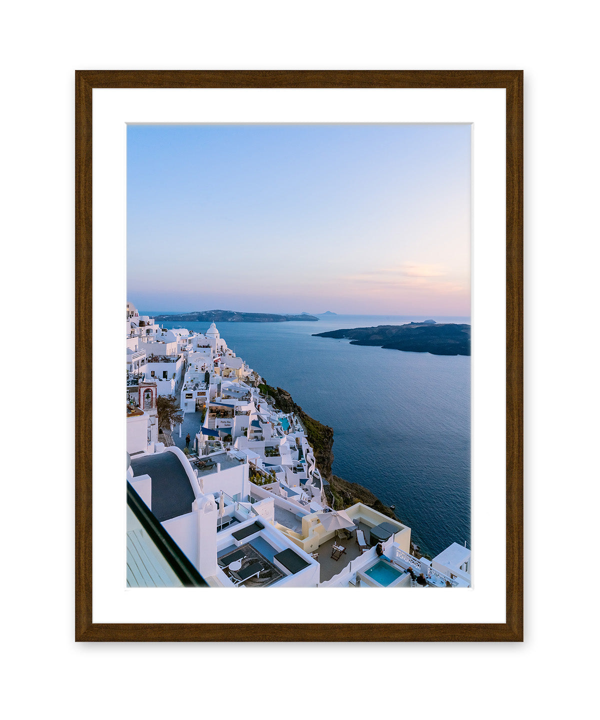 blue sunset caldera santorini, greece, dark wood frame