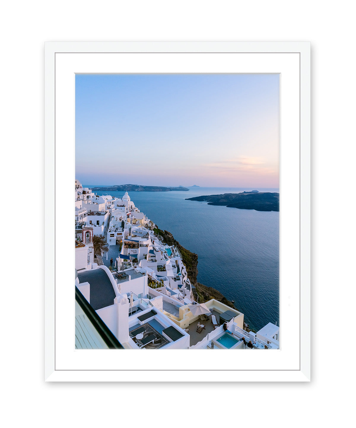 blue sunset caldera santorini, greece, white frame