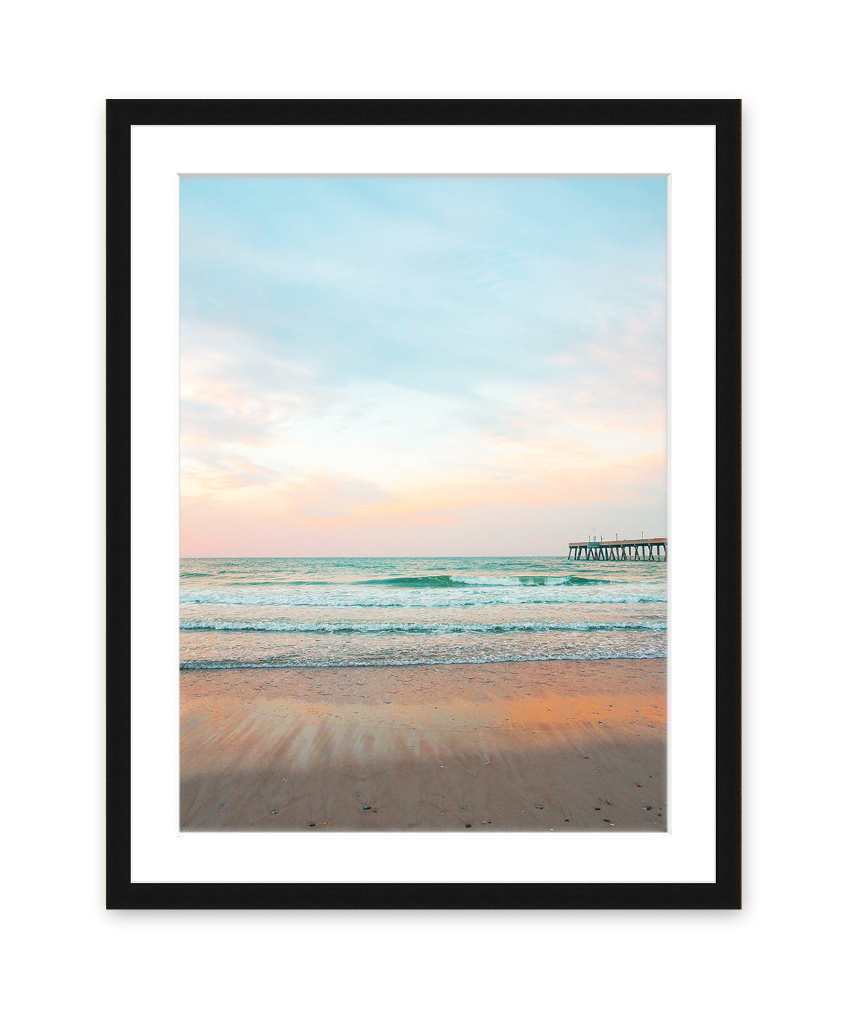 blue beach photograph, black wood frame wright and roam