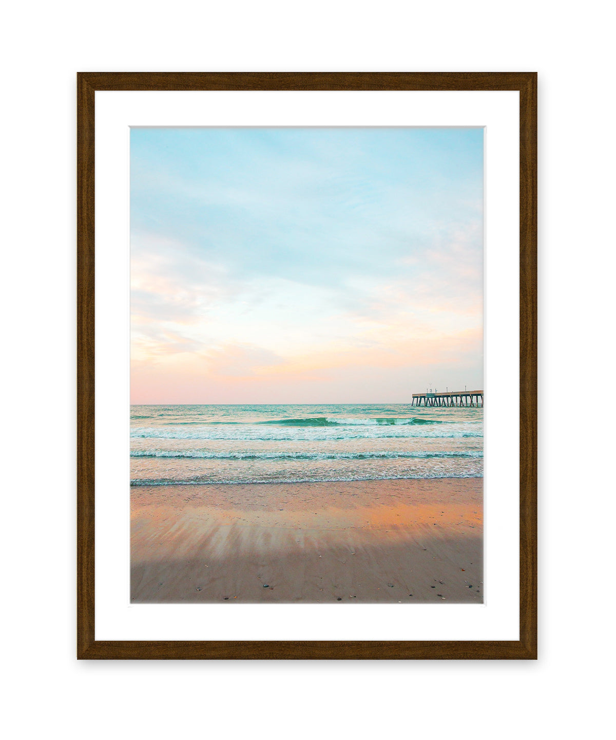 blue beach photograph, dark wood frame wright and roam
