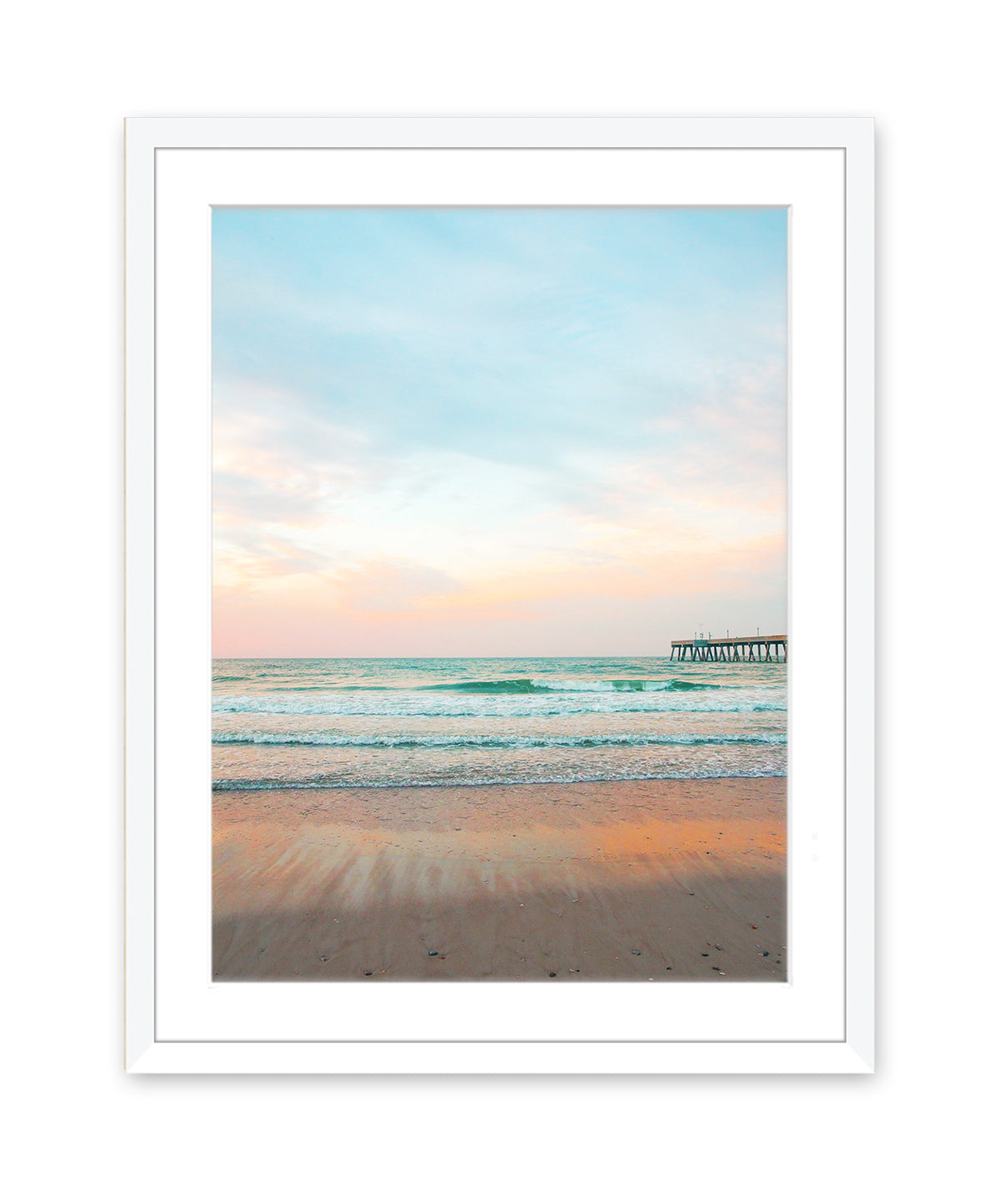 blue beach photograph, white wood frame wright and roam