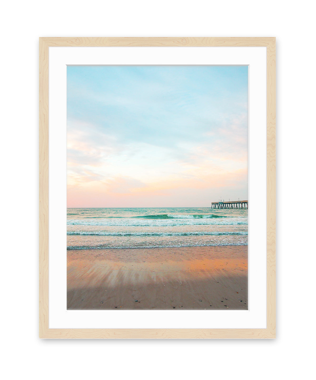 blue beach photograph, natural wood frame wright and roam