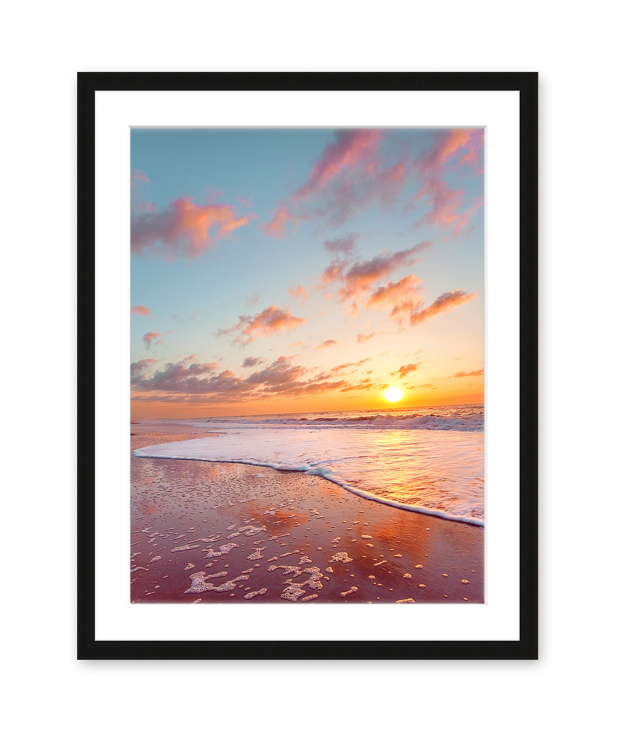 colorful sunset beach print, Black Wood Frame by Wright and Roam