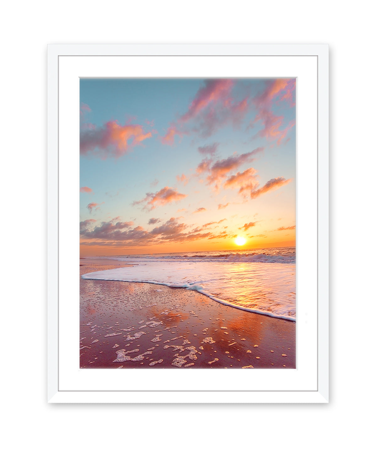 colorful sunset beach print, White Wood Frame by Wright and Roam