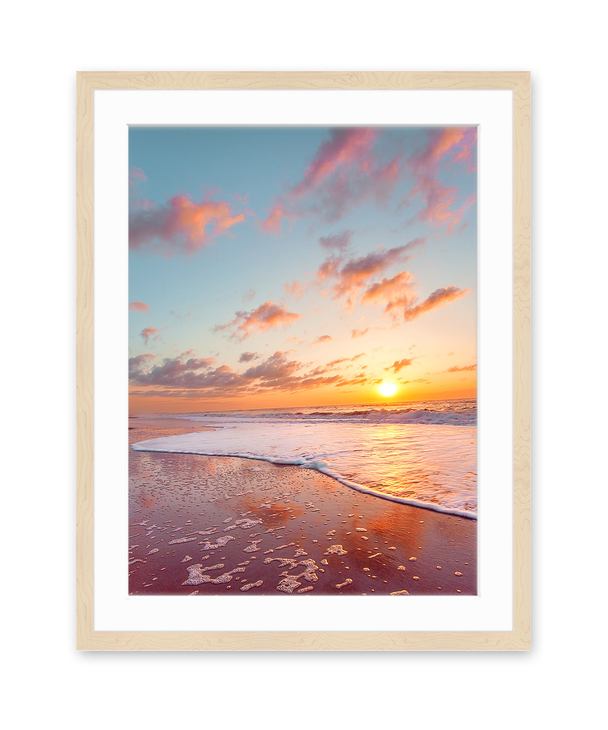 colorful sunset beach print, Natural Wood Frame by Wright and Roam