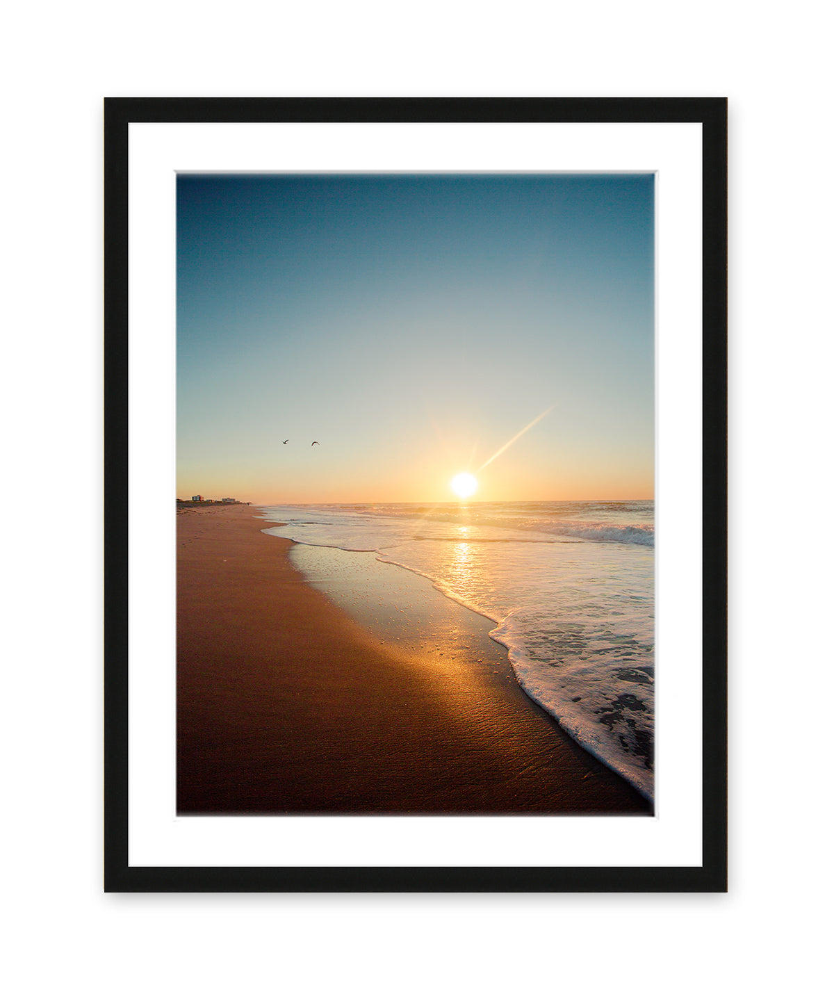 Blue and Yellow Sunrise Wrightsville Beach Photograph, Black Wood Frame by Wright and Roam