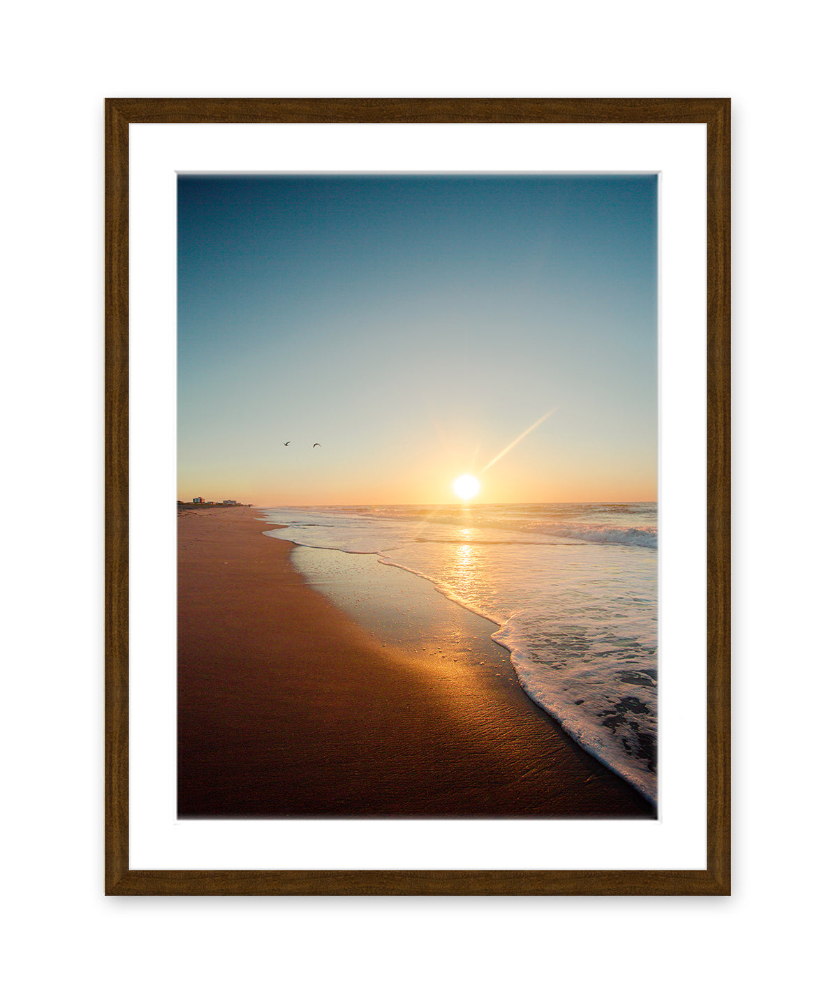 Blue and Yellow Sunrise Wrightsville Beach Photograph, Dark Wood Frame by Wright and Roam