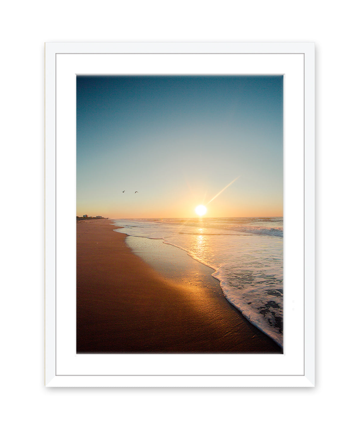 Blue and Yellow Sunrise Wrightsville Beach Photograph, White Wood Frame by Wright and Roam