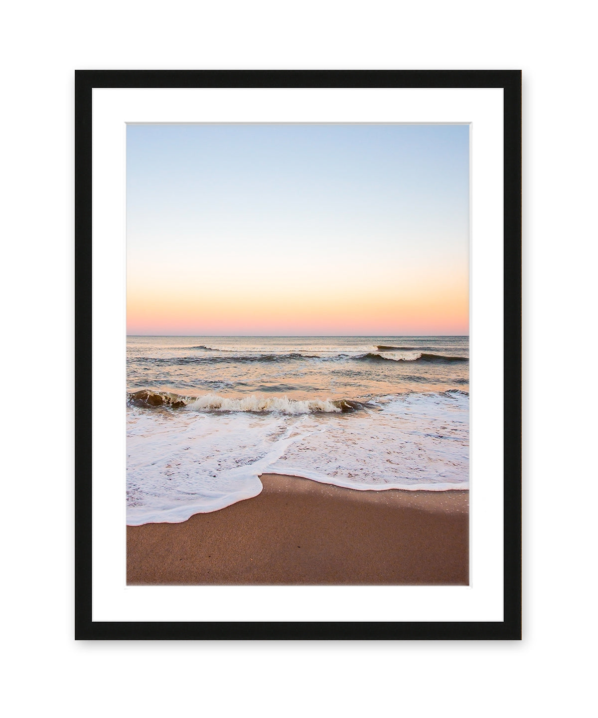 warm sunset beach print, black wood frame wright and roam