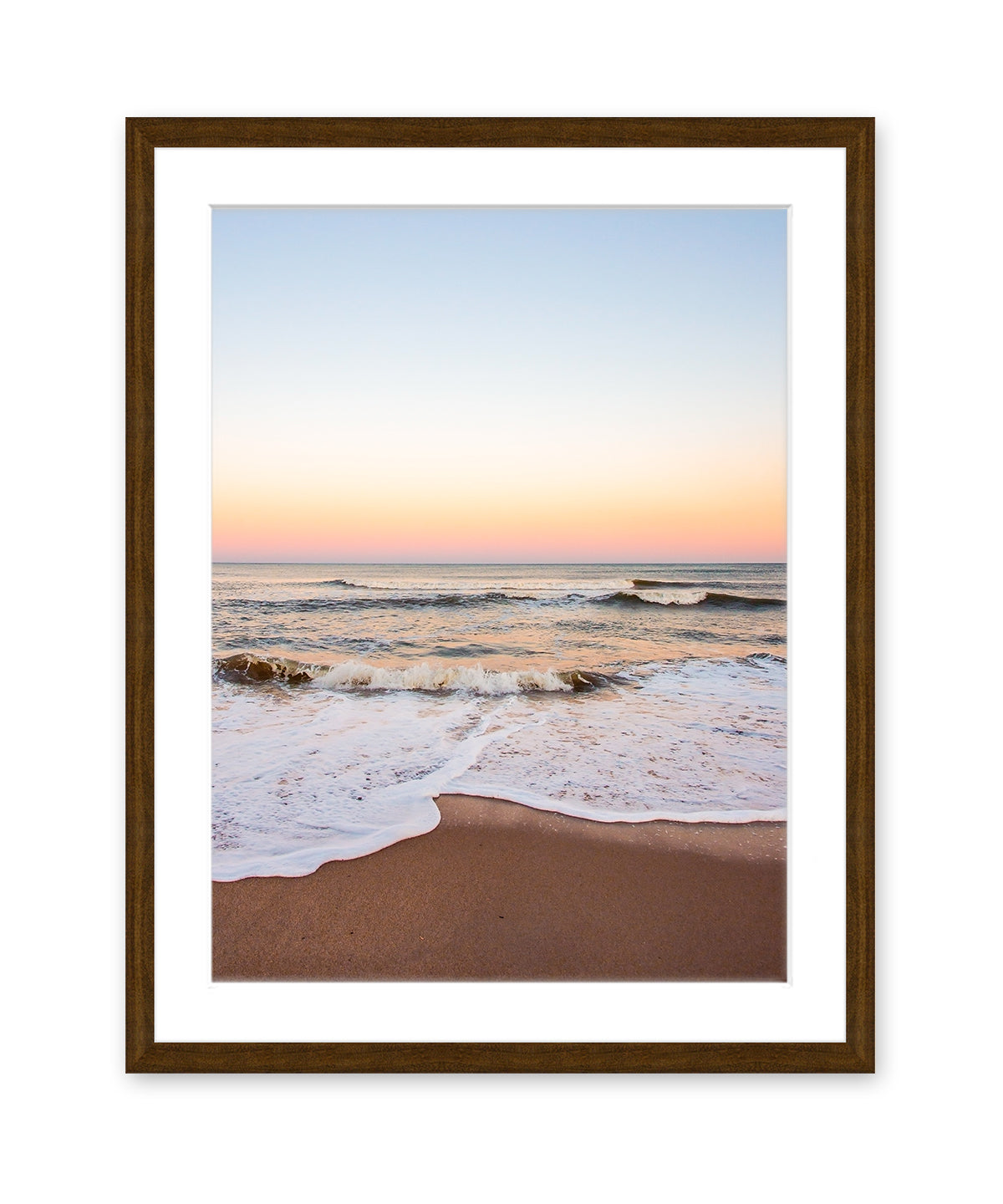 warm sunset beach print, dark wood frame wright and roam