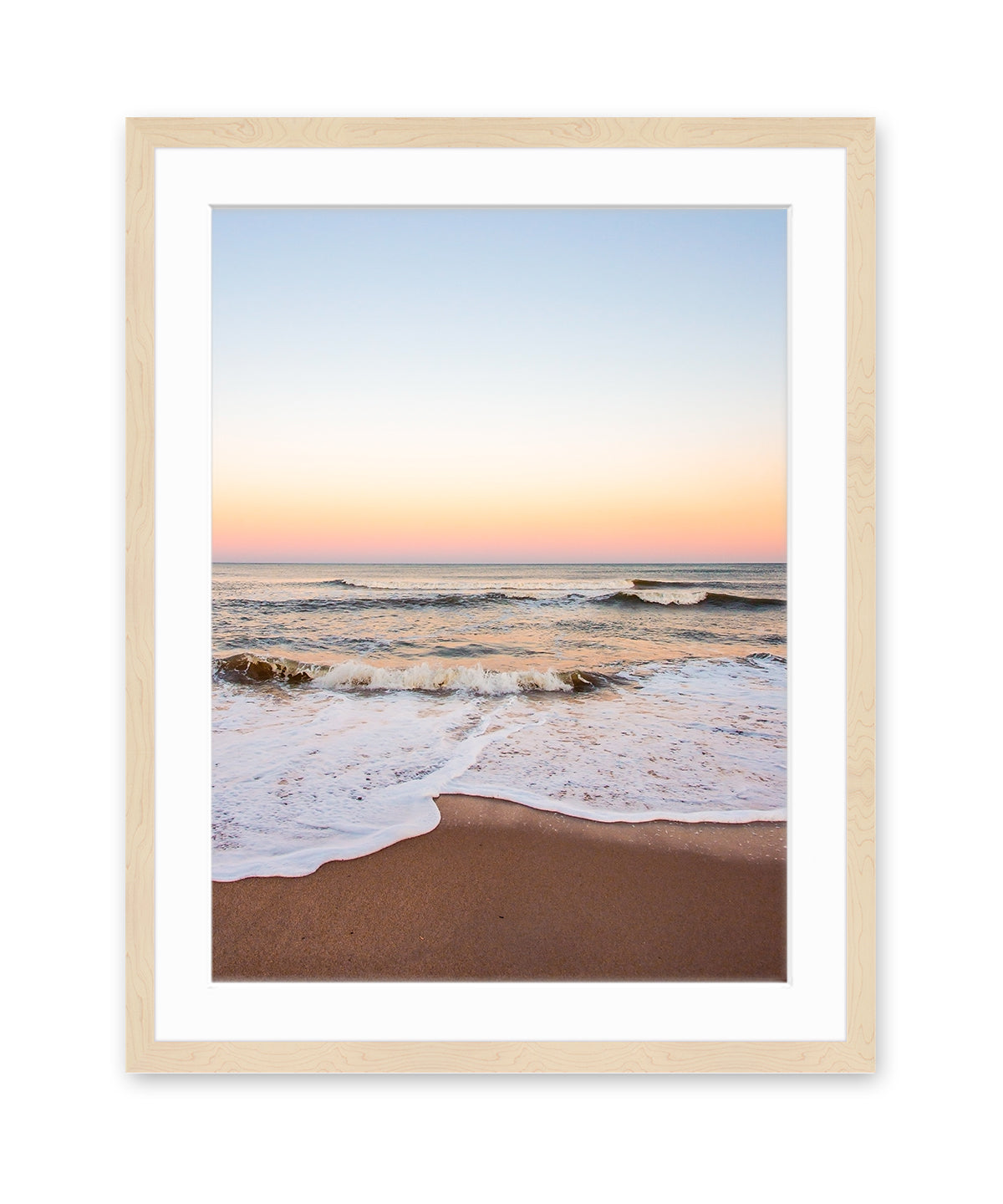 warm sunset beach print, natural wood frame wright and roam