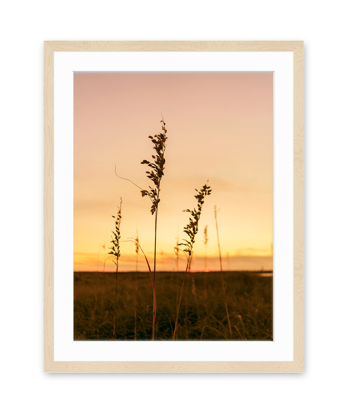 Sunset Seagrass Beach Photograph, Natural Wood Frame by Wright and Roam