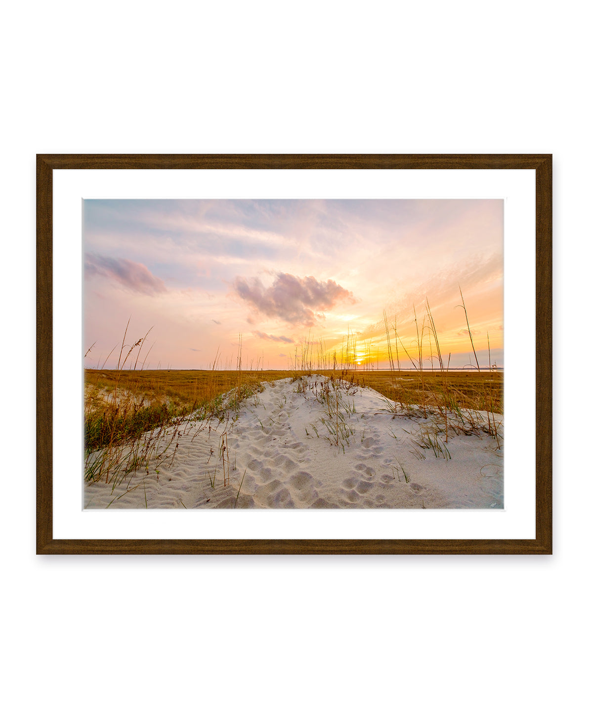 sand dunes sunset north carolina, dark wood frame
