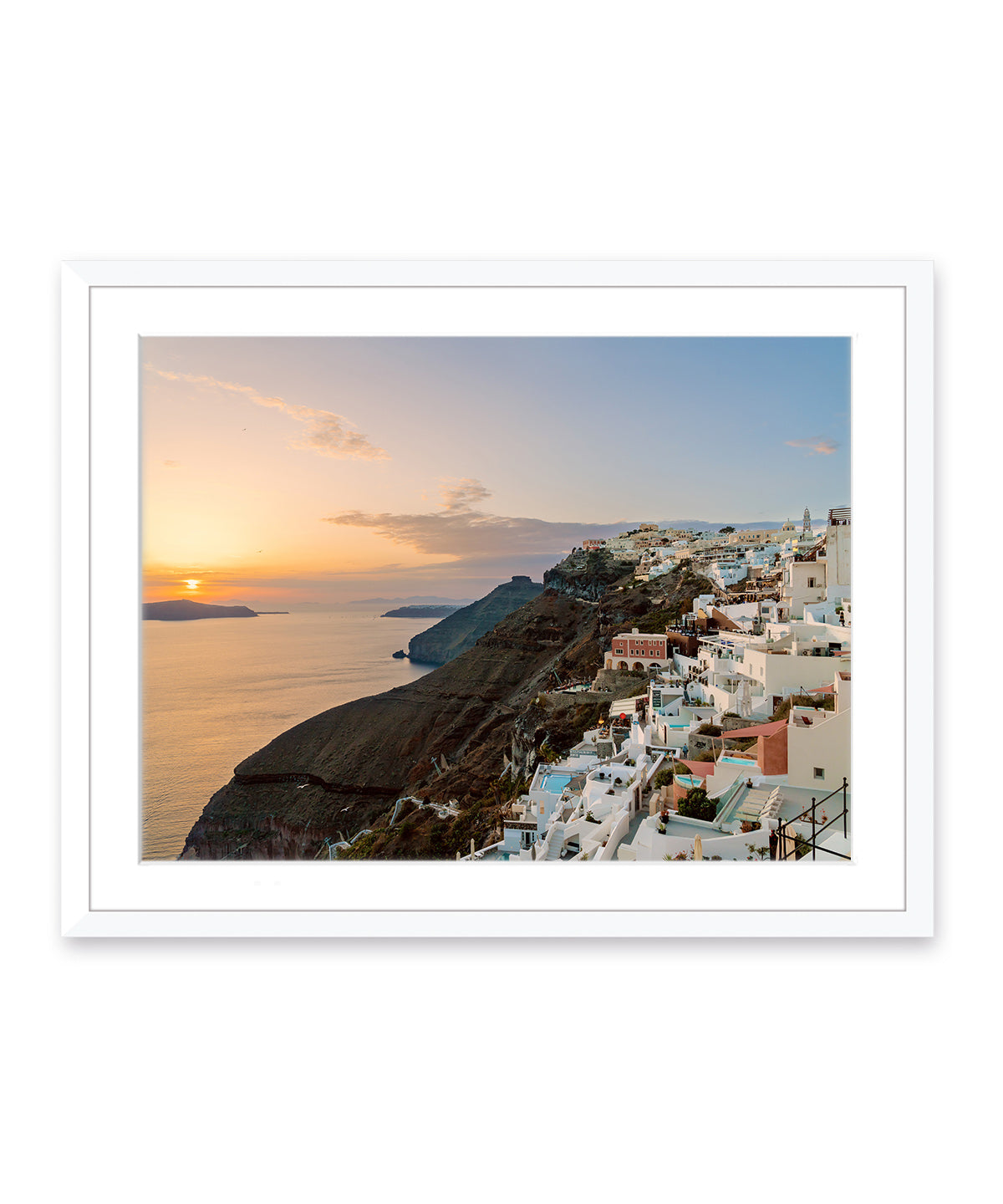 Sunset Santorini, Greek Island Photograph, white frame
