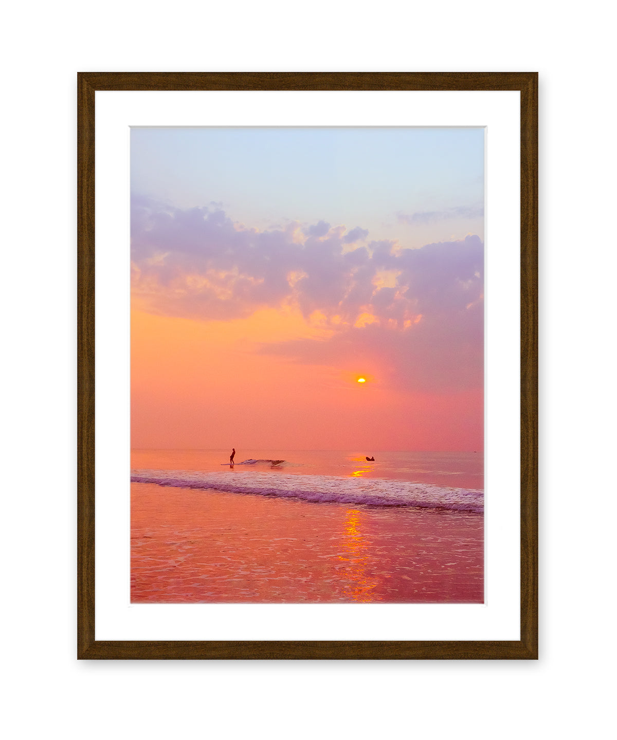 colorful sunrise surf beach print, dark wood frame