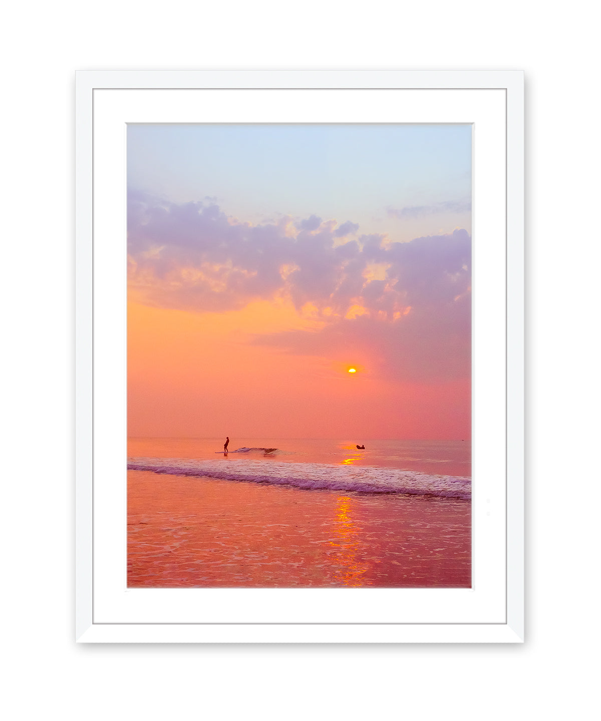 colorful sunrise surf beach print, white frame
