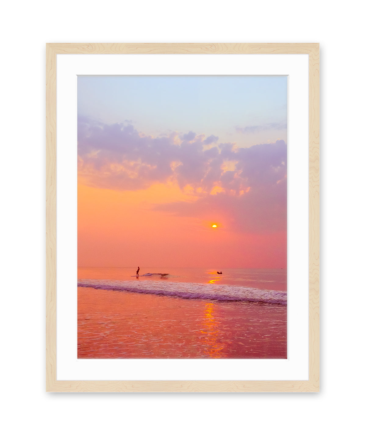 colorful sunrise surf beach print, wood frame