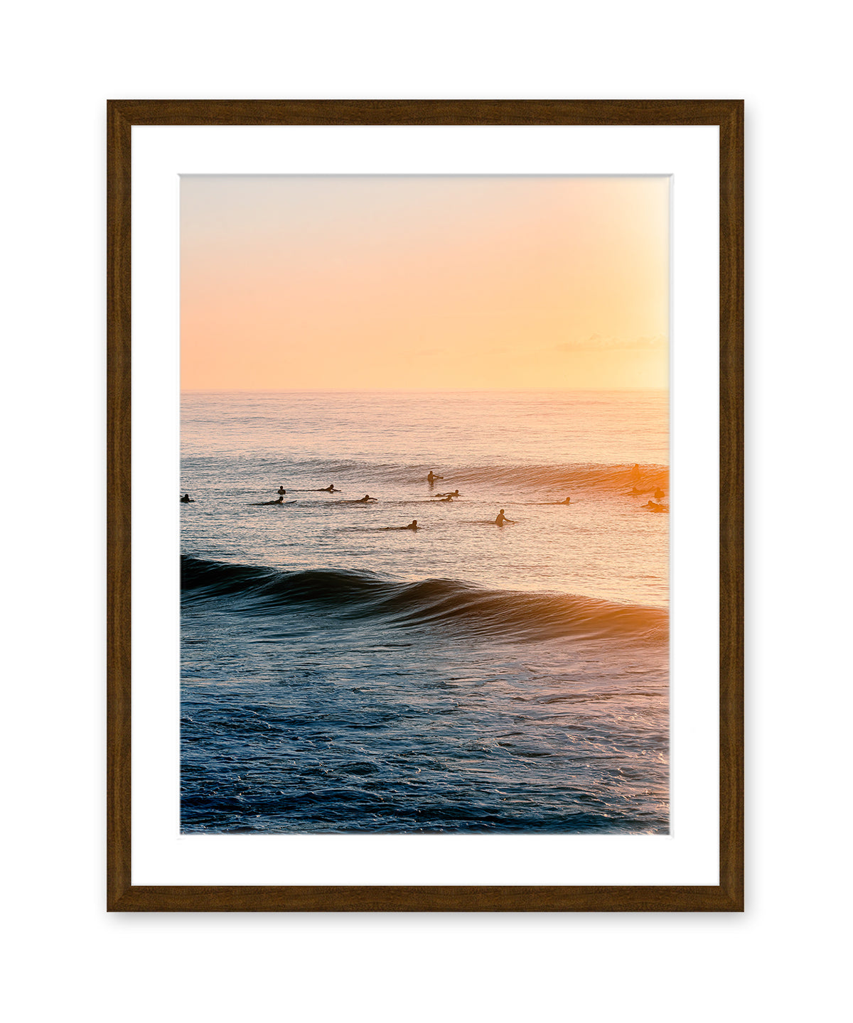 golden sunrise beach surf print dark wood frame