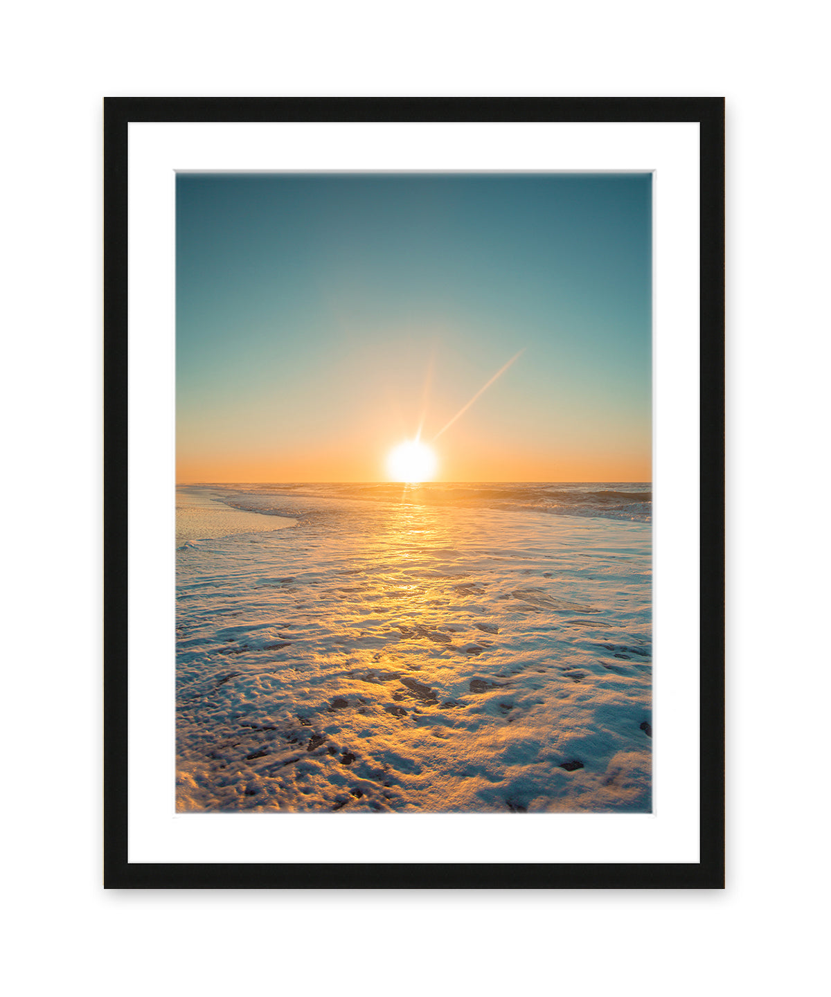 Teal Sunrise Beach Photograph, Black Frame by Wright and Roam