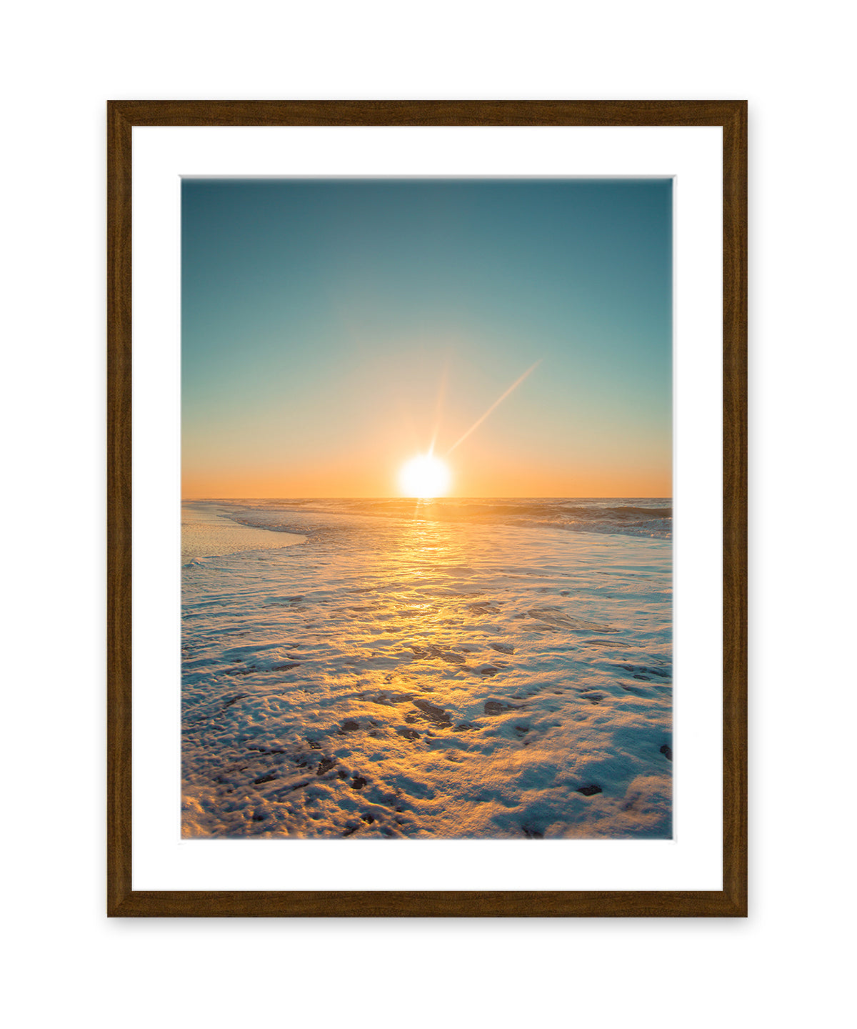 Teal Sunrise Beach Photograph, Dark Wood Frame by Wright and Roam