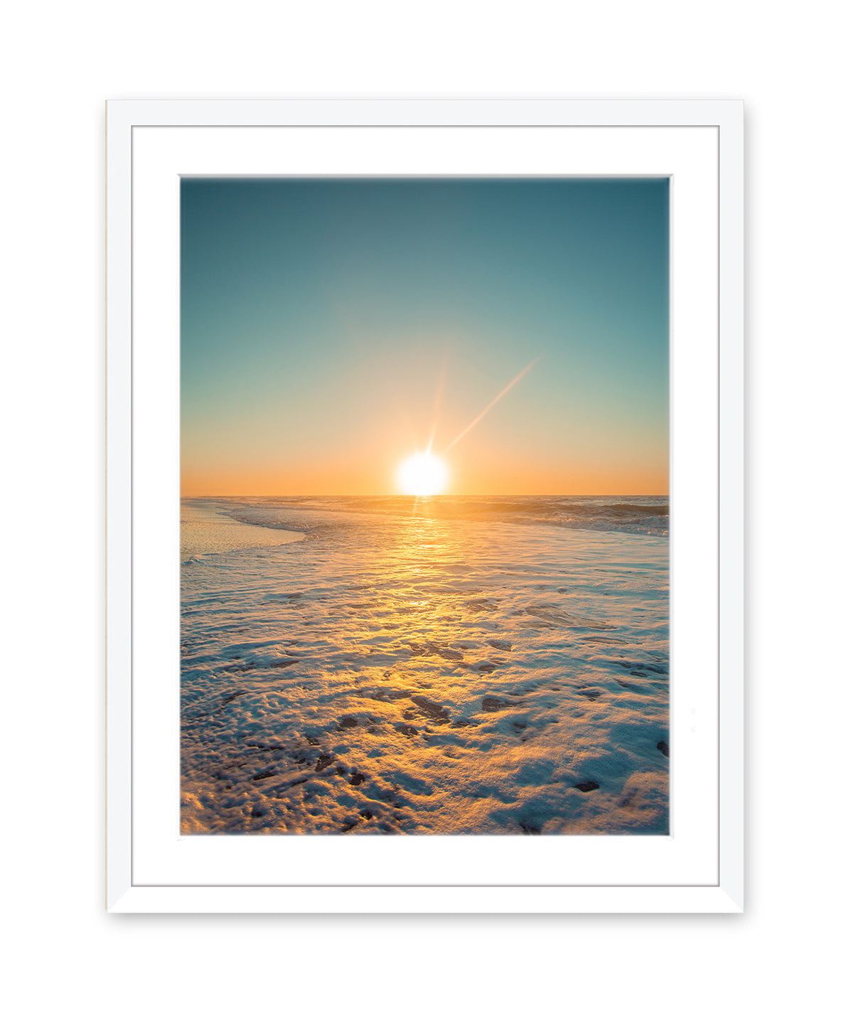 Teal Sunrise Beach Photograph, White Frame by Wright and Roam