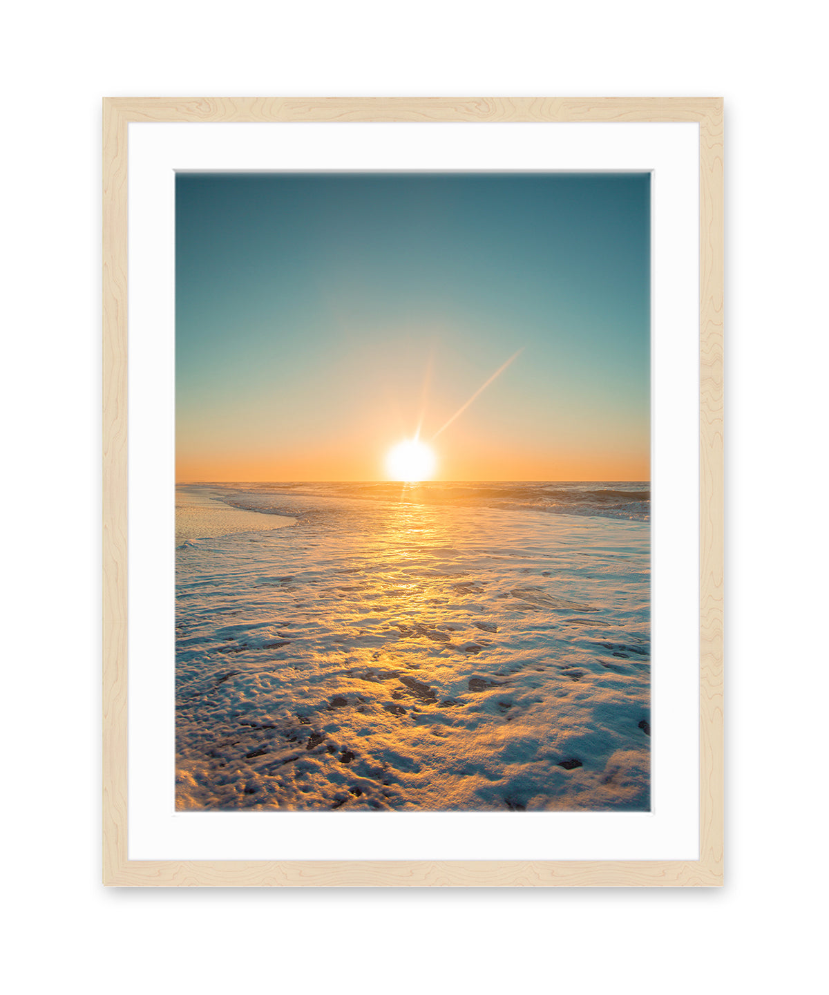 Teal Sunrise Beach Photograph, Natural Wood Frame by Wright and Roam